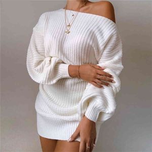Knitted Sweater Dresses For Women Autumn Winter Loose Off Strapless Female Christmas Party Dresses 210322