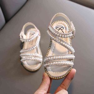 2022 Summer Sandals for Girls Shoes Beading Flats Princess Shoes Baby Dance Toddler Shoe Kids Sandaler Child Beach Shoe Pink 1-12 G220523