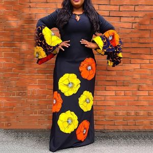 Autumn Dress Black Floral Print Flare Long Sleeve Round Neck Casual African Winter Plus Size Dresses For Women 4XL 5XL 6XL MAXI