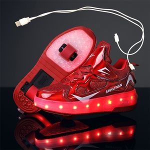 Children Two Wheels Luminous Glowing Sneakers Black Pink Red Led Light Roller Skate Shoes Kids Led Shoes Boys Girls USB Charging 220805