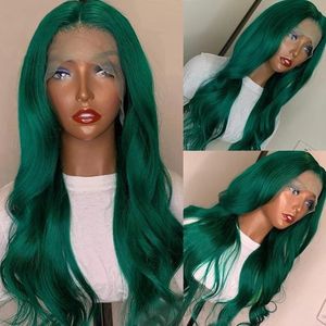 26 Zoll Frontal großhandel-Top Verschluss grün gefärbte synthetische Haarspitze Front Zoll Body Wave Cosplay Faser Frontal für Mode Frauen glühlos