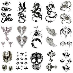 NXY TIDLIGARE TATTOO 30PCS LOT Vattentät Fake Tatueringar Klistermärken Vattenöverföring Svart Dragon Skull för Kvinnor Män Cool Totem Body Art Makeup 0330