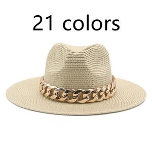 wo hat sun straw panama gold chain belt for spring black khaki beach casual summer men hats sombrero hombre 220526