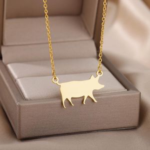 Chains Cute Pig Pendants Necklaces For Women Stainless Steel Plated Animal Choker Charm Necklace Collier Femme Jewelry GiftChains