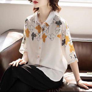 Kadın Polos Bahar Kısa Kollu Şifon Gömlek Orta Yaşlı Anne Kadınlar Yaz Baskısı Turn Blus Blus Top Blusas Mujer de Modewomen