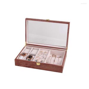 Torebki biżuterii torebki drewniane uchwyt na pudełko zegarków dla zegarków Mężczyzn Glass Top Organizer 4 2 Grids Wynn22