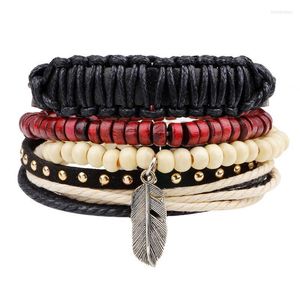 Charm Bracelets 4pcs/set Boho Hippie Punk Black Cord Knots Leather Leaf Rivet Red Beige Wooden Bead Stacked Layers Wide For ManCharm Inte22