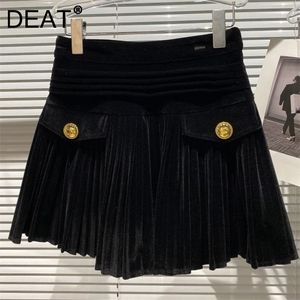 DEAT Women Black Casual Gold Pleated Skirt Arrivals High Waist Temperament Fashion Spring Autumn 11D5019 220317