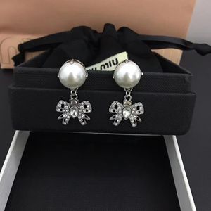 M Brand Sweet Bowknot Stud Earrings Luxury Crystal CZ Zircon Bow Designer Cute Heart Ear Rings Jewelry for Party Gift Box Packing