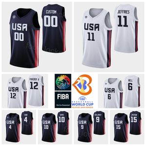 印刷2023 FIBA​​ワールドカップバスケットボールUS 8ジョージキングジャージー7コーディデンプス12マイケルフレイジャーII 11ダクアンジェフリーズ6ベル14エリックミカ10ウィリアムデイビスネイビーブルーホワイト