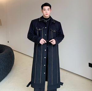 Men's Trench Coats Trenchcoat Men Rivet Woolen Singlebreasted Long Trench Coat Man Streetwear Vintage Punk Gothic Motorcycle Jacket Outerwear 220826