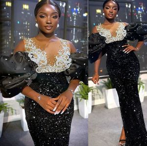 2022 Plus Size Arabic Aso Ebi Black Sequined Lace Prom Dresses Sheer Neck Evening Formal Party Second Reception Födelsedagsengagemang Klänningar ZJ260