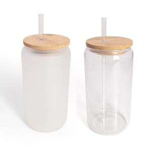 Vasos de vidro de sublimação em branco com tampas 16 onças com tampa de bambu Cerveja de palha reutilizável bebida em branco Tumblers foscos