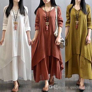 QNPQYX New Women Peasant Ethnic Boho Cotton Linen Long Sleeve Maxi Dress Gypsy Blouse False Two Pieces V Neck Button Boho Long Maxi Dresses