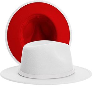 Berets Womens Mens Branco com Vermelho Fedora Chapéus Banda de Feltro Dois Tons Largo Brim Jazz Cap Lã Mistura Panamá Trilby Vintage HatBerets