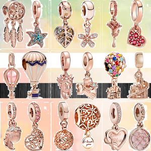 925 Charms de pulseira para Pandora Charm Set Caixa original 45 Pingente de ouro rosa Flor Angel Tree Balloon Heart Família Família Europeia Colar Charms Jóias