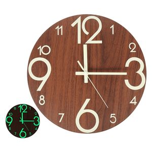 New Wooden Wall Clock Luminous Number Hanging Clocks Quiet Dark Glowing Wall Clocks Modern Watches Decoration for Living Room 201202