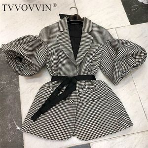 TVVovvvin Blazer Single Single Breadted Puff Sleeve Plaid Ladies Blazer Coat Retro Lace Up Women S Sil Suit Jacket Autumn LJ201021