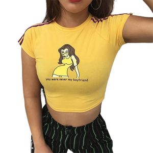 Women's T-Shirt 2022 Summer Printed Tight Short Sexy Round Neck Sleeve Top Shows Big Breast