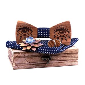 Bow Ties Box Set Wedding Man Shirt Gifts Men's Creative Tie Laser Carving Eyes Solid Wood Cufflink Square Scarf Setbow
