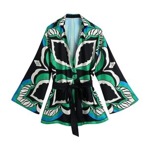 TRAF Women Fashion With Belt Printed Wrap Kimono Blouses Vintage Three Quarter Sleeve Female Shirts Chic Tops 220813