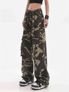Y2K Vintage High Caist Camuflage Cargo Pants Cantura Alta perna larga perna reta Casual calças de moda confortáveis ​​Cool Girl T220728
