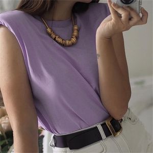 2020 Summer Women s New Design Sense Niche Trendy Shoulder Pad Profile Vest T Shirt Solid Color Wild Loose Slim Top LJ200826