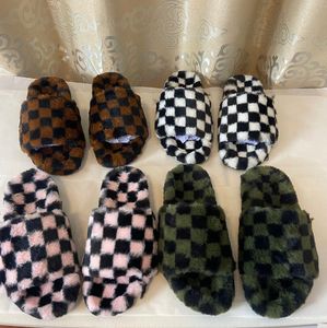 Designer Slipper Winter Wool Ladies Printing Slipper Flat Heel Fashion Luxury Plush Fluffy Slippers Outdoor Flip-Flops Women's Warm Indoor Lattice Slippers