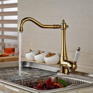 Küchenspüle Wasserhähne Messing Waschbecken Mischbatterie Heiß Kalt Einhand-Deckmontage Drehen Gold/Nickel/Chrom/Antik T200424