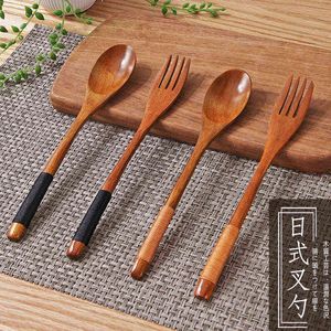 Japanese-style Long Handle Wooden Tableware Dinner Spoon Fork with Tangled Thread Portable Travel Cutlery Kitchen Utensil Y220530