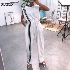 RUGOD Summer Playsuits Women Fashion Striped Patchwork Elastic Waist Bodysuits Sexy Backless Wide Leg Pants Jumpsuits 2019 T200701