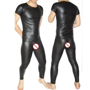 Düz renk seksi erkekler sahte deri takım elbise iki set kısa kollu üst gömlek ve tozluk mat erkekler iç çamaşırı taytlar özelleştirilebilir lj201126