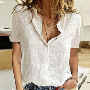 特大のファッションレディーストップウーマンサマーボタンアップシャツシャツ綿リネン半袖ホワイトトップブルザミュージャー220707