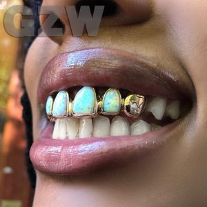 Wholesale gold fang caps resale online - New K Real Gold White Blue Opal Grillz Brace Punk Hip Hop Iced Cubic Zirconia Dental Mouth Bling Fang Grills Vampire Tooth Cap Cosplay Rapper Jewelry Gifts for Guys