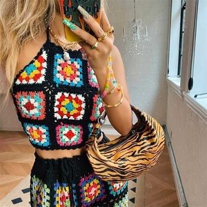 Boho inspirado mão malha crochê tops mulheres quadrado padrão retro verão cami tops halter swimwear cobertura blusa boho top 220318