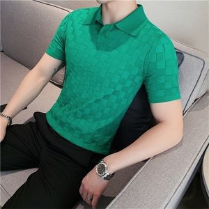 Men High Quality Knitting Male Slim Fit Leisure VNeck Short Sleeves Polo Mens elastic POLO Shirts 3XL 220623