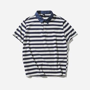メンズポロス2022日本の青と白の縞模様のシャツの緩い半袖Tシャツの10代の若者