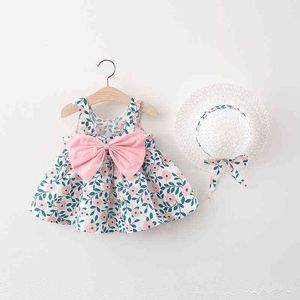 2021New Baby Girl Beach Princess Платье милое лук цветочный рукавиц хлопковое летнее детское платье   набор одежды для новорожденных Sunhat G220428