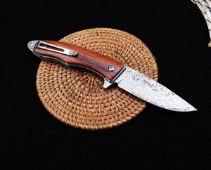 Ny ankomst Damascuss Flipper Folding Knife VG10 Damascus Steel Drop Point Blade Rosewood Handle Ball Bearing EDC Knives With Leather Mante