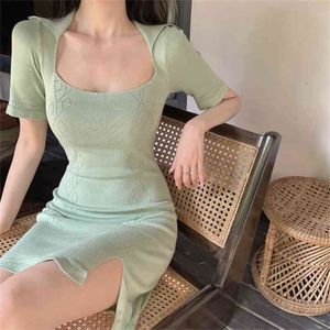 Knitted Green Dress Square Collar Tight Split Hip Women s Summer Slim 210529