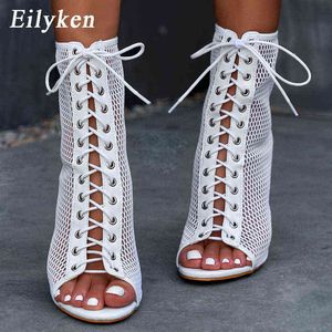 Sandálias Eilyken Moda Transparente Quadrado Salto Mulheres Botas Lace Up Peep Toe High Heavick Cinta de Ankle Net Superfície Net Show Out Shoe 220317