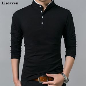 Liseaven T-shirt Erkekler Pamuk T Gömlek Tam Kollu Tişört Erkekler Düz Renk T-Shirt Topstees Mandarin Yaka Uzun Gömlek 220408