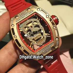 Novo 52-01 052 Diamond Skull Skeleton Dial Miyota Mens Automático Assista de Diamante Rose Diamond Caso Red Rubber Strap Sport Sport High Watches WatchZone B19B3