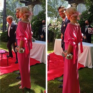 Fuchsia Bead Neck Long Mother Of The Bride Dresses Half Sleeve Sheath Formal Gown Bow Tie Cuff Robe Soiree De Mariage 326 326