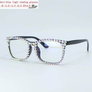 Solglasögon Kvinnor Fyrkantiga läsglasögon Bling Rhinestones Kristallsvart diamantbåge Glasögon Anti Blue Light Reader NXSunglasses