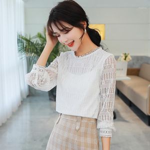 Full Sleeve Blouse Women Solid Lace O-Neck Upset Add Wool Blusas Womens Tops And Blouses White Hair 8069 Women's & Shirts