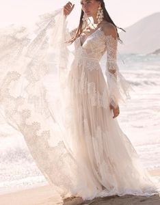 Sexy Elegant Bohemian Open Back Wedding Dress Sweep Train Flare Sleeve Beach Pleats Lace Applique Deep V-Neck Bridal Gown Custom Made