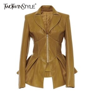 TWOTWINSTYLE Biker Style Patchwork Giacca irregolare Donna Colletto con bavero Manica lunga Alta attesa Tunica Cappotto femminile Moda 210923