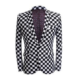 Abito da uomo Nero Bianco Stampa scozzese 2 pezzi Giacca da sposo moda Giacca a scacchi Stage Cantante Host Dancer Slim Fit Costume Party Prom Blazer