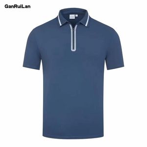 Högkvalitativ Polo Shirt Sommar Kortärmad Zipper Herrskjorta Polo Nylon / Spandex Solid Casual Shirt Polo Male Toppar 220402